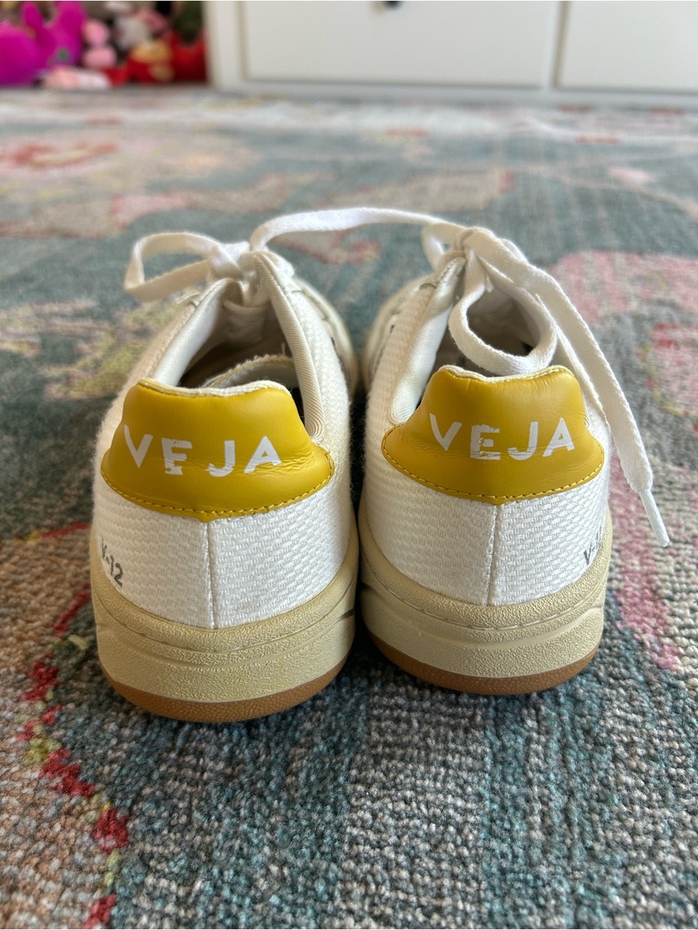Veja V-12 White Leather Sneakers with Purple V and Yellow Heel Tab - Picture 6 of 8